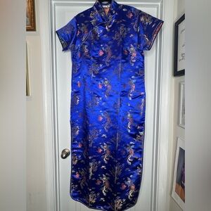 Vintage Jin Yuan Plum Blossum Satiny Cobalt Blue Dragon Dress Sz 48 (eu)